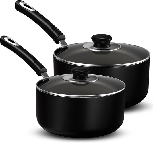 Nonstick Stock Pot Saucepan Set with Lids, 1 Quart and 2 Quarts Multipurpose Stock Pots Set for Home, Kitchen or Restaurant, Black
