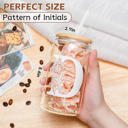 Gifts for Holidays,Birthday Gifts for Women,Personalized Initial Glass Cup as Iced Coffee Cups,Aesthetic Smoothie Cup Cute Beer Tumbler,16 Oz Glass Cups with Lids and Straws-D(1Psc)