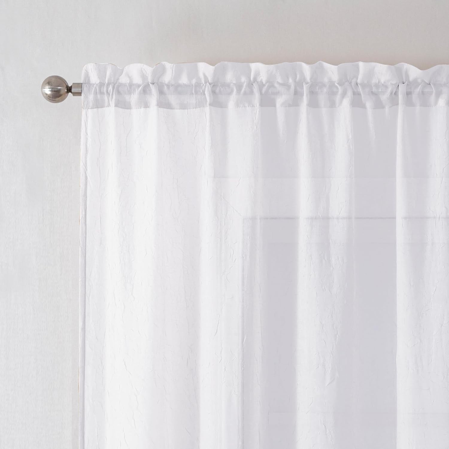 Crushed White Sheer Cafe Curtains 36 Inch Length 2 Panels, Light Filtering Crinkle Voile Bedroom Living Room Short Curtains, Each 42Wx36L Inches