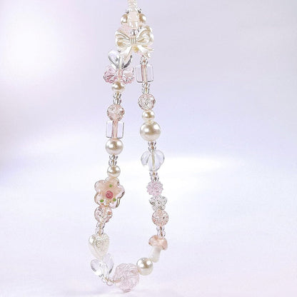 Beaded Camera Wrist Strap Cute Pearl Digital Camera Charm Lanyard, Phone Wristlet Charms, Beaded Camera Chain for Phone, Bag, Keychain Accessories (Bow&Flower)