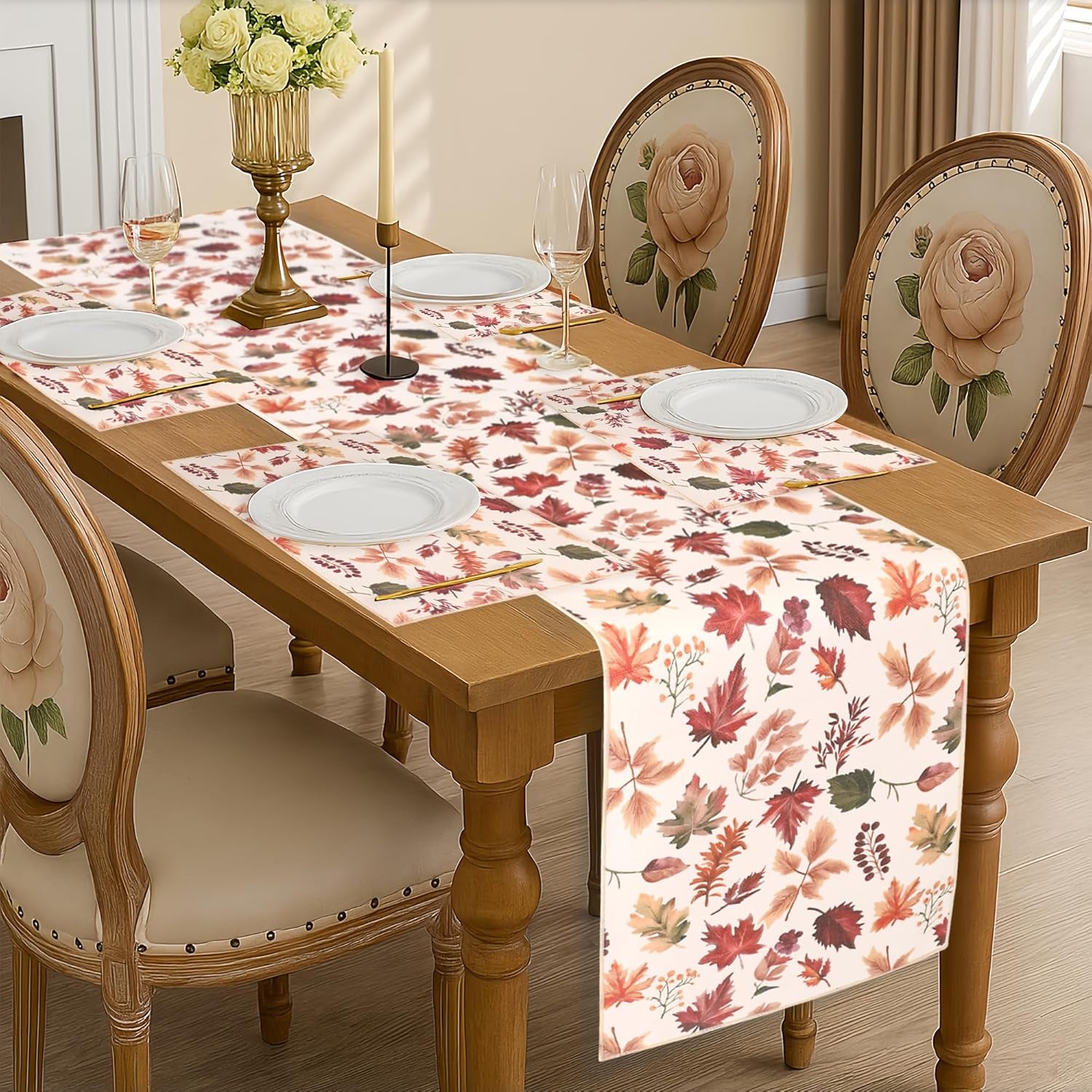 Fall Table Runner for Kitchen Dining Table, Thanksgiving Autumn Printed Harvest Pumpkins Maple Leaves Textured Fabric Halloween Holiday Home Decorations, Water-Proof, Washable, 13" W X 36" L