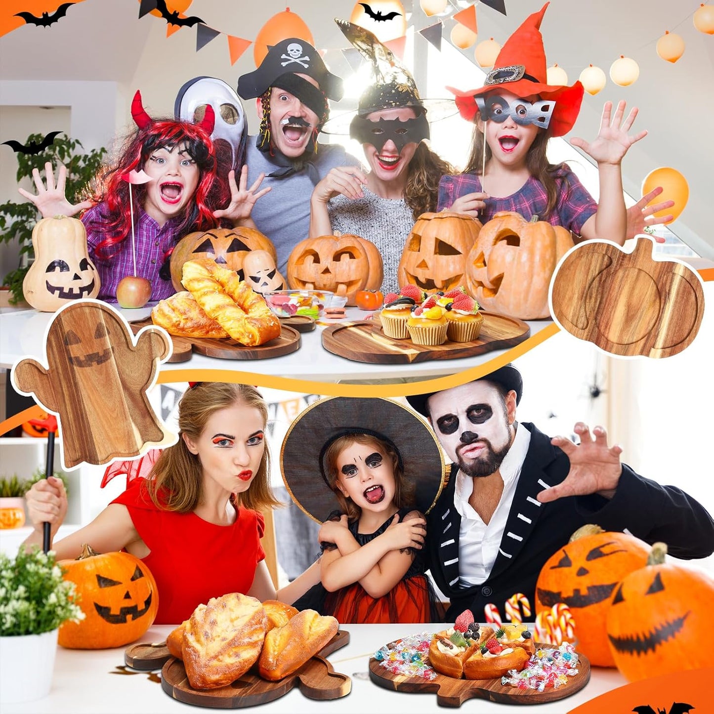 Set of 2 Halloween-Themed Acacia Wood Charcuterie Boards - Pumpkin and Ghost Shaped Cutting Boards with Handles for Serving Cheese, Vegetables, and Salads