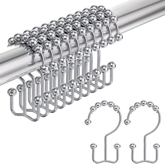 Shower Curtain Hooks Rings, Rust-Resistant Stainless Steel Double Shower Curtain Hooks, Shower Hooks for Shower Curtain and Liner Bathroom, Set of 12, Chrome