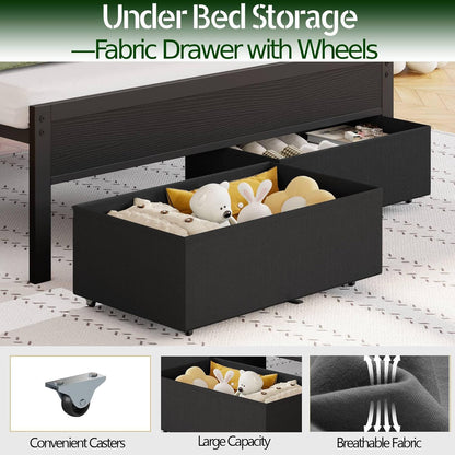 Twin Bed Frame with Integrated Charging Station and LED Lighting, Grey Upholstered Headboard with Shelving, Metal Platform Design featuring Under-Bed Storage Drawers on Wheels, No Box Spring Required