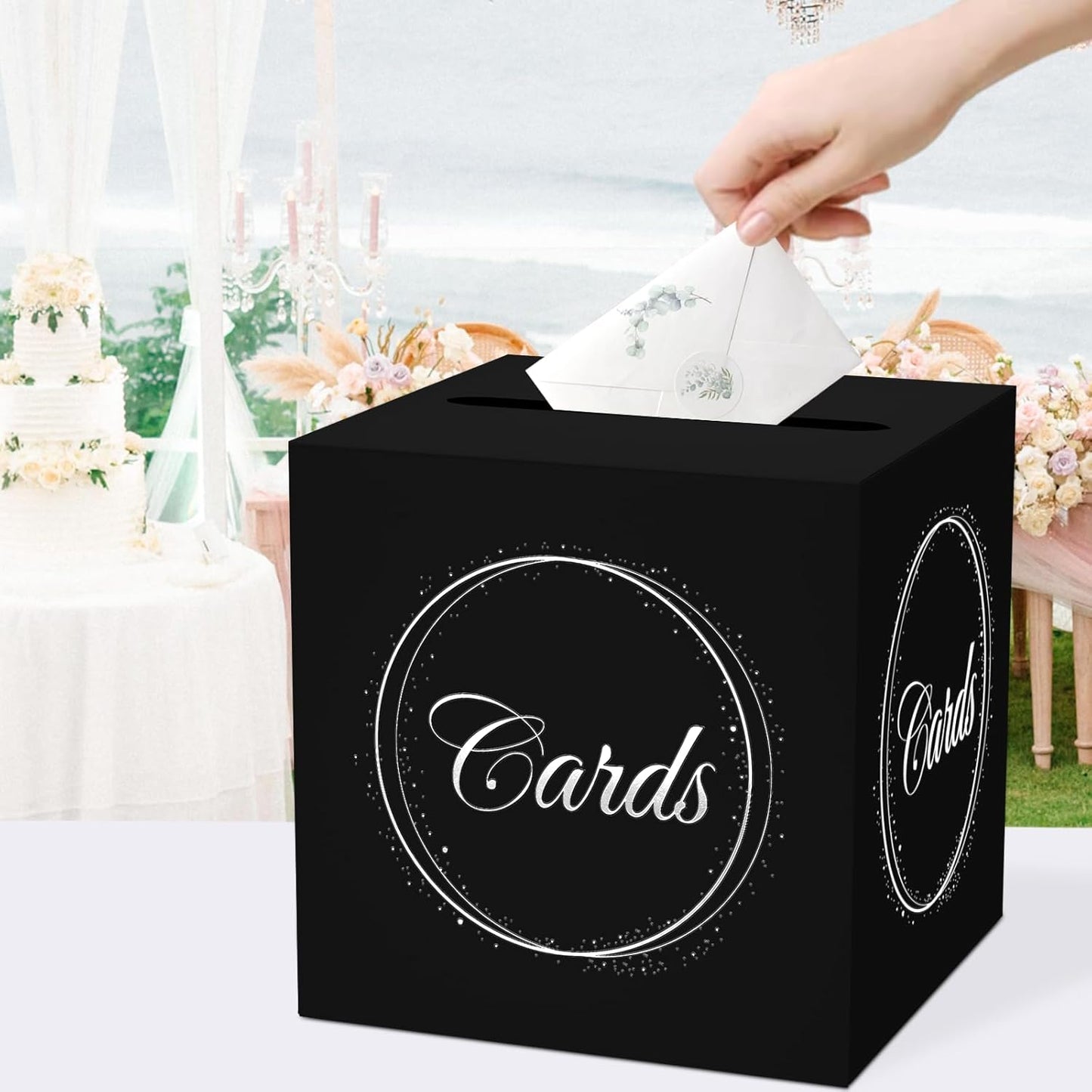 Black Silver Card Box with Gold Foil Design, Gift Cards Receiving Box for Graduations, Birthdays Party, Wedding Receptions, Bridal & Baby Showers, Retirements, Anniversaries