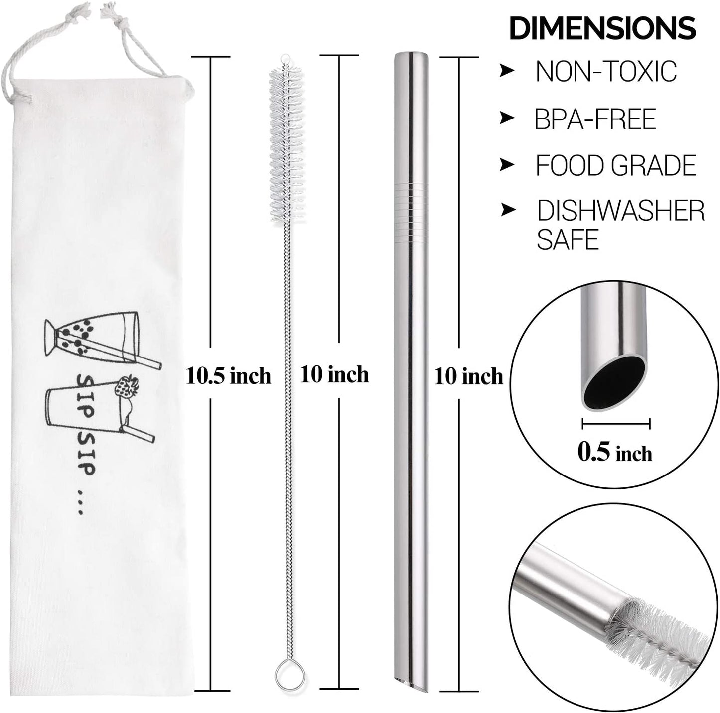[Angled Tips] 2 Pcs Jumbo Reusable Boba Straws, 0.5" Wide Stainless Steel Metal Straws for Bubble Tea/Tapioca Pearl, Milkshakes,Smoothies | 1 Cleaning Brush & 1 Case