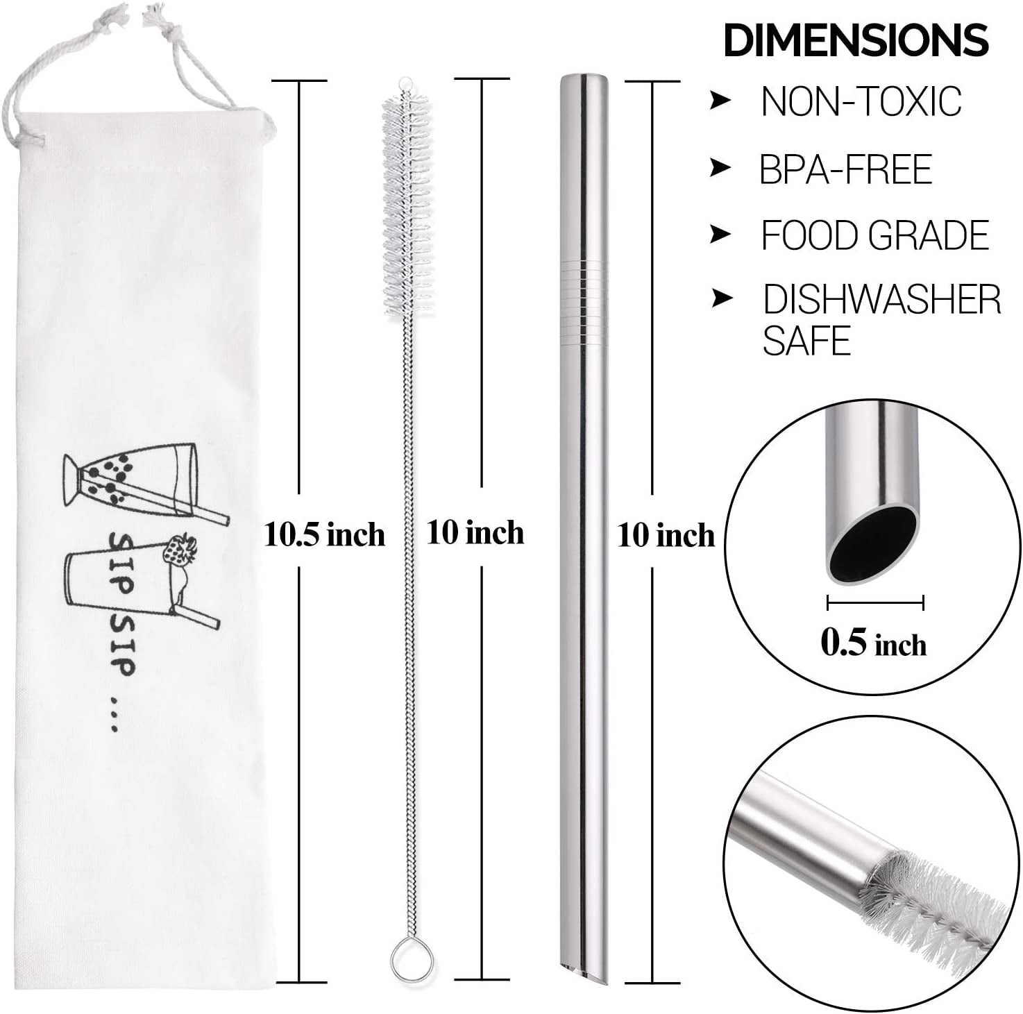 [Angled Tips] 2 Pcs Jumbo Reusable Boba Straws, 0.5" Wide Stainless Steel Metal Straws for Bubble Tea/Tapioca Pearl, Milkshakes,Smoothies | 1 Cleaning Brush & 1 Case