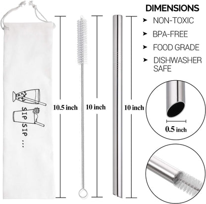 [Angled Tips] 2 Pcs Jumbo Reusable Boba Straws, 0.5" Wide Stainless Steel Metal Straws for Bubble Tea/Tapioca Pearl, Milkshakes,Smoothies | 1 Cleaning Brush & 1 Case