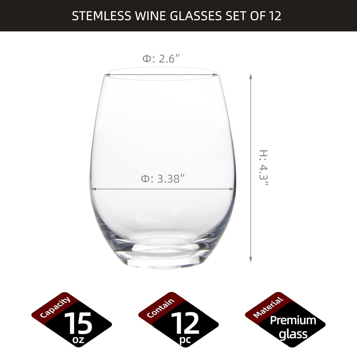 Set of 12 Stemless Wine Glasses, 15 Ounce Smooth Rim Tumblers for Red and White Wine, Dishwasher Safe