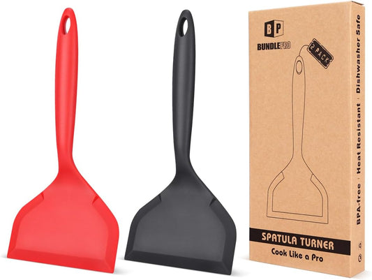 Pack of 2 Wide Silicone Spatula,Nonstick Pancake Shovel with Short Handle, Fried Flexible Turner, BPA Free Kitchen Cookwares for Egg, Cookie, Omelette, Fish, Burgers