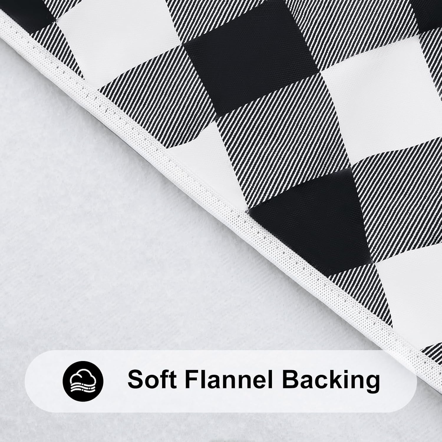 round Picnic Tablecloth, Elastic Waterproof Fitted Vinyl Tablecloths for 36"-44" Tables, Flannel Backed Buffalo Plaid Table Cover for Dining, Camping, Outdoor, Black and White