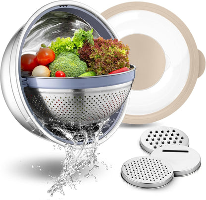 4-In-1 Stainless Steel Colander with Bowl Set, Rotatable Strainers for Kitchen, Fruit Cleaner, Washing Fruit & Draining Pasta, Mixing Bowl and Lid with Grater for Salad, Khaki