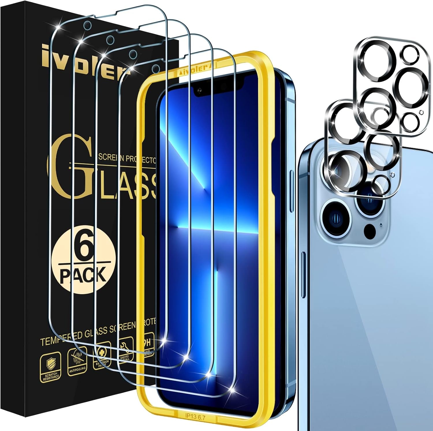 [4+2Pack]Screen Protector Compatible with Iphone 13 Pro Max 6.7‘’[4 Pack]With [2 Pack] Camera Lens Protector, HD Tempered Glass Film with Align Frame, 9H Hardness, Bubble Free,Scratch Resistant