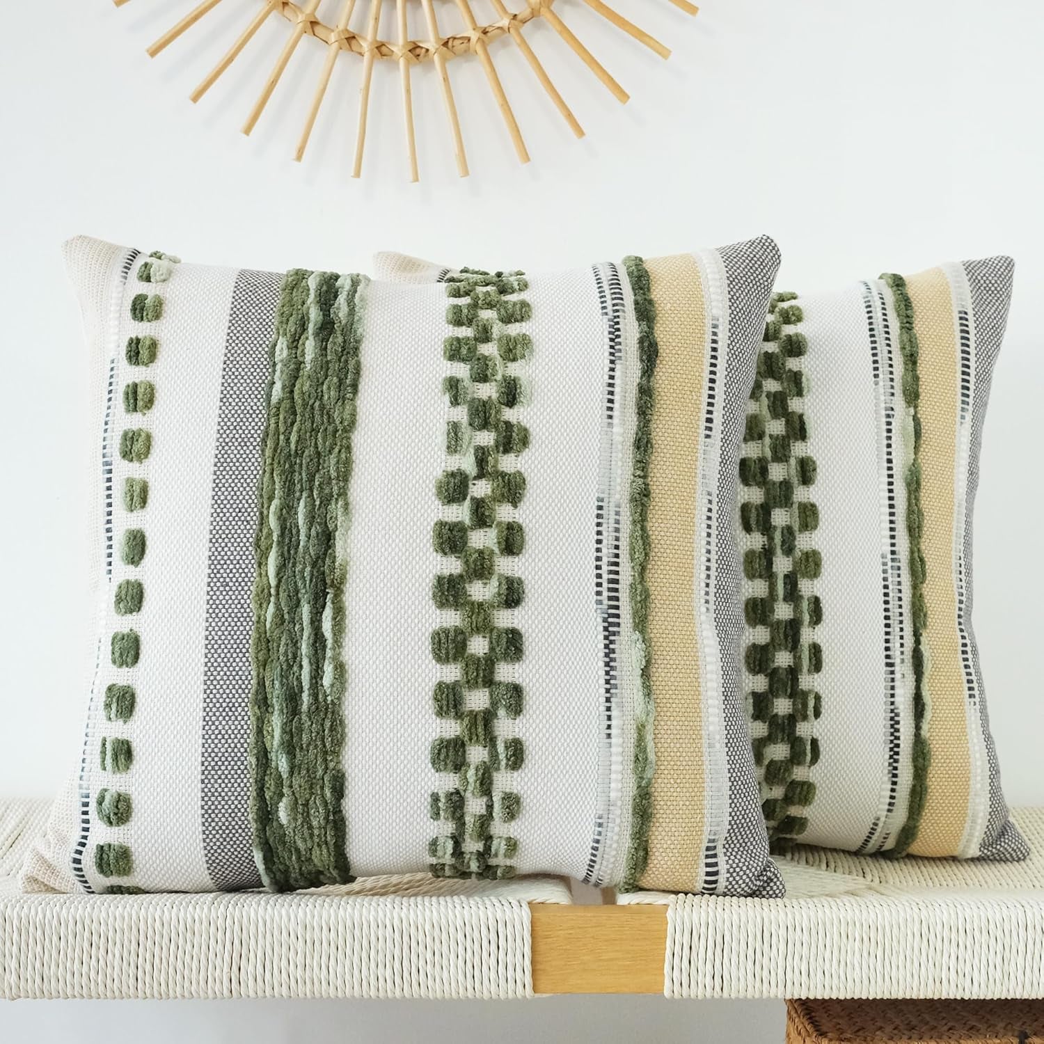 Pack of 2 Boho Throw Pillow Covers Accent Striped Pillowcovers Farmhouse Decorative Cushion Case Home Decor 18 X 18 Inch Dark Green