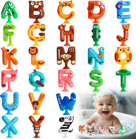 Suctionbath Toy,26Pcs Animal Suction Alphabet Bath Toys Kids,Educational Bath Toys Sensory Letters Waterproof Mold Free,Bathtub Letters to Stick to Tub,Silicone Toddler Learning Toys