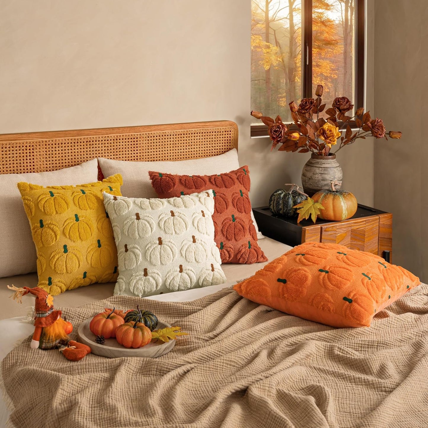 Autumn-Inspired Pumpkin Throw Pillow Covers Set of 2 - Mustard Yellow and Green Stem, 18 x 18 Inches, Soft Plush Faux Fur Decorative Cushions for Home, Porch, and Halloween Decor