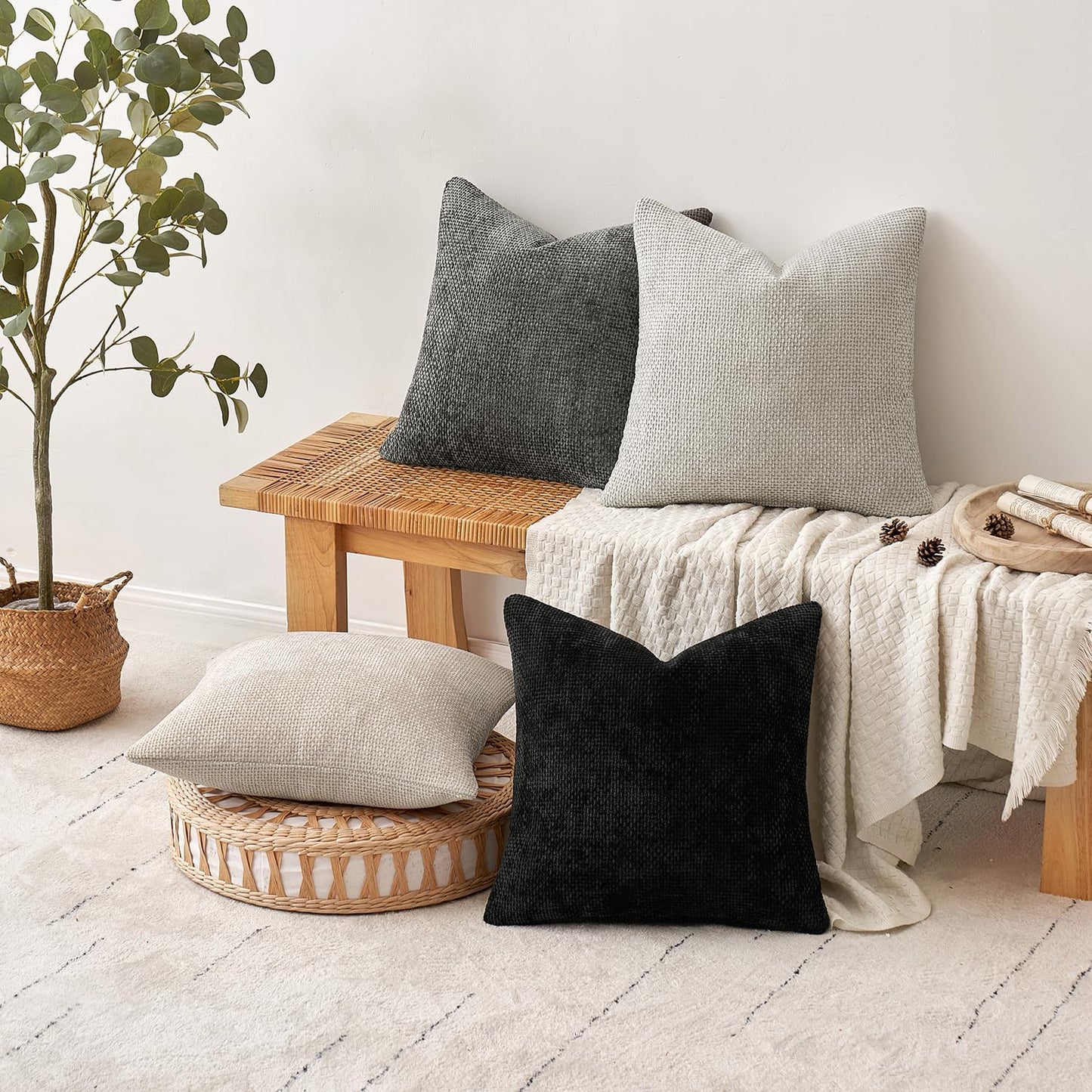 Pack of 2 Couch Throw Pillow Covers 18X18 Inch Black Modern Boho Accent Decorative Pillow Covers Soft Chenille Farmhouse Cushion Covers for Home Decor Bed Sofa Living Room