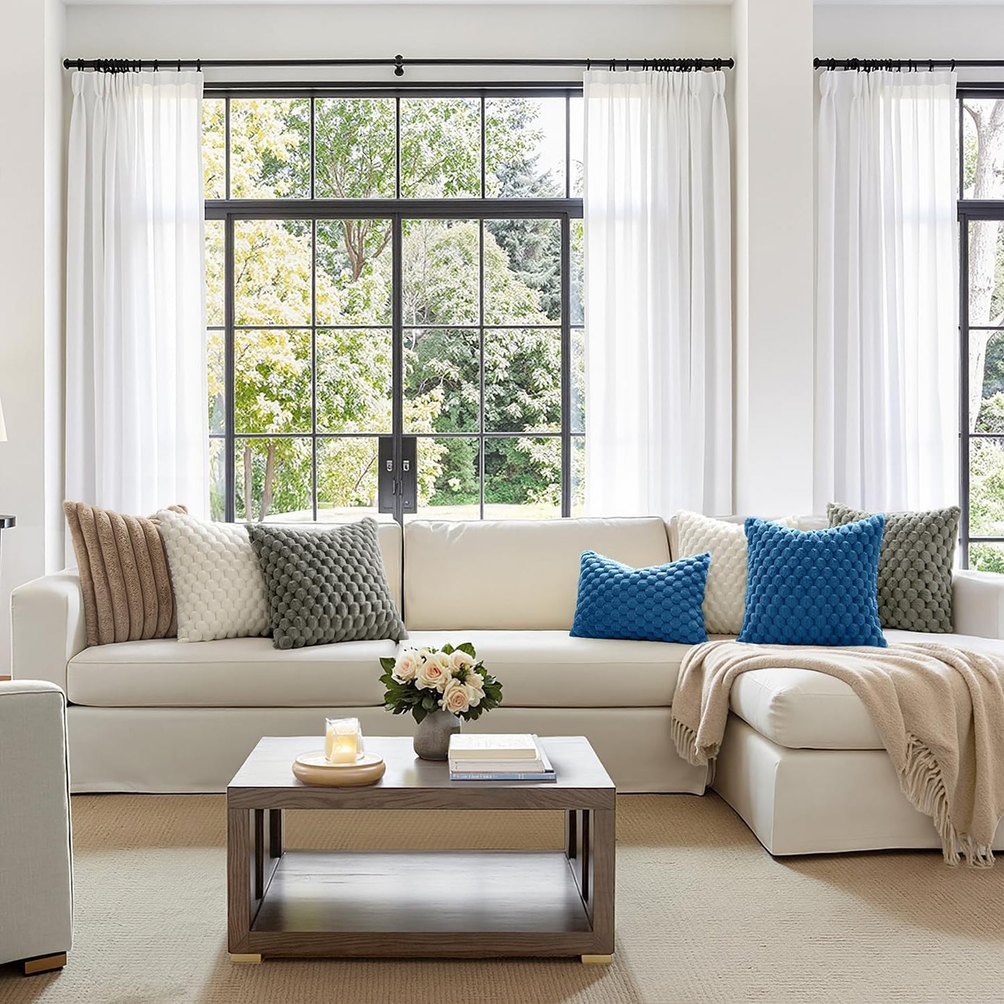 Navy Blue Faux Fur Decorative Throw Pillow Covers 18X18 Inch Set of 2 Super Soft Cozy Plush Cushion Cases Luxury Fluffy Pillowcases for Sofa Couch Bed Living Room