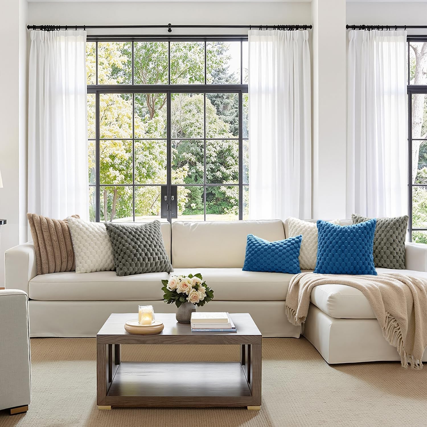 Navy Blue Faux Fur Decorative Throw Pillow Covers 18X18 Inch Set of 2 Super Soft Cozy Plush Cushion Cases Luxury Fluffy Pillowcases for Sofa Couch Bed Living Room