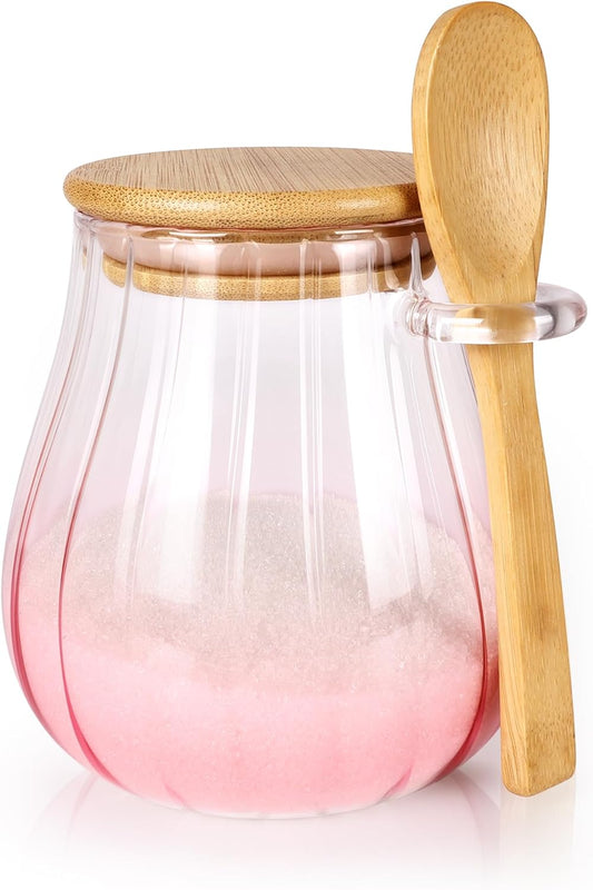 15 Oz Pink Sugar Bowl with Bamboo Lid and Spoon,Pink Kitchen Decor and Accessories,Glass Jar with Airtight Lid, Brown Sugar Keeper, Sugar Container for Coffee Bar and Office