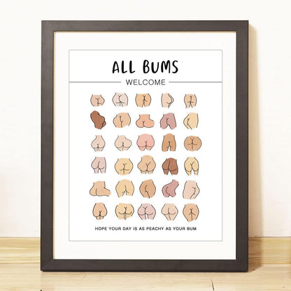 Body Positive Wall Art, Funny Bathroom Art, Self Love Print, All Bums Welcome, Cute Bathroom Butts, Bum Collage, Bathroom Wall Decor, No Framed (8X10 INCH)