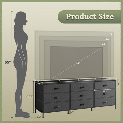 63-Inch Black Dresser and Entertainment Center with 9 Drawers, Suitable for 55 to 70 Inch TVs, Ideal for Bedroom and Closet Storage