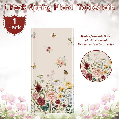 1 Pcs Spring Floral Tablecloth, Butterfly Wildflower Plastic Disposable Tablecloth Rectangle Table Covers for Easter, Birthday, Wedding, Mothers Day Tea Party Supplies and Decorations,54 X 108 Inch