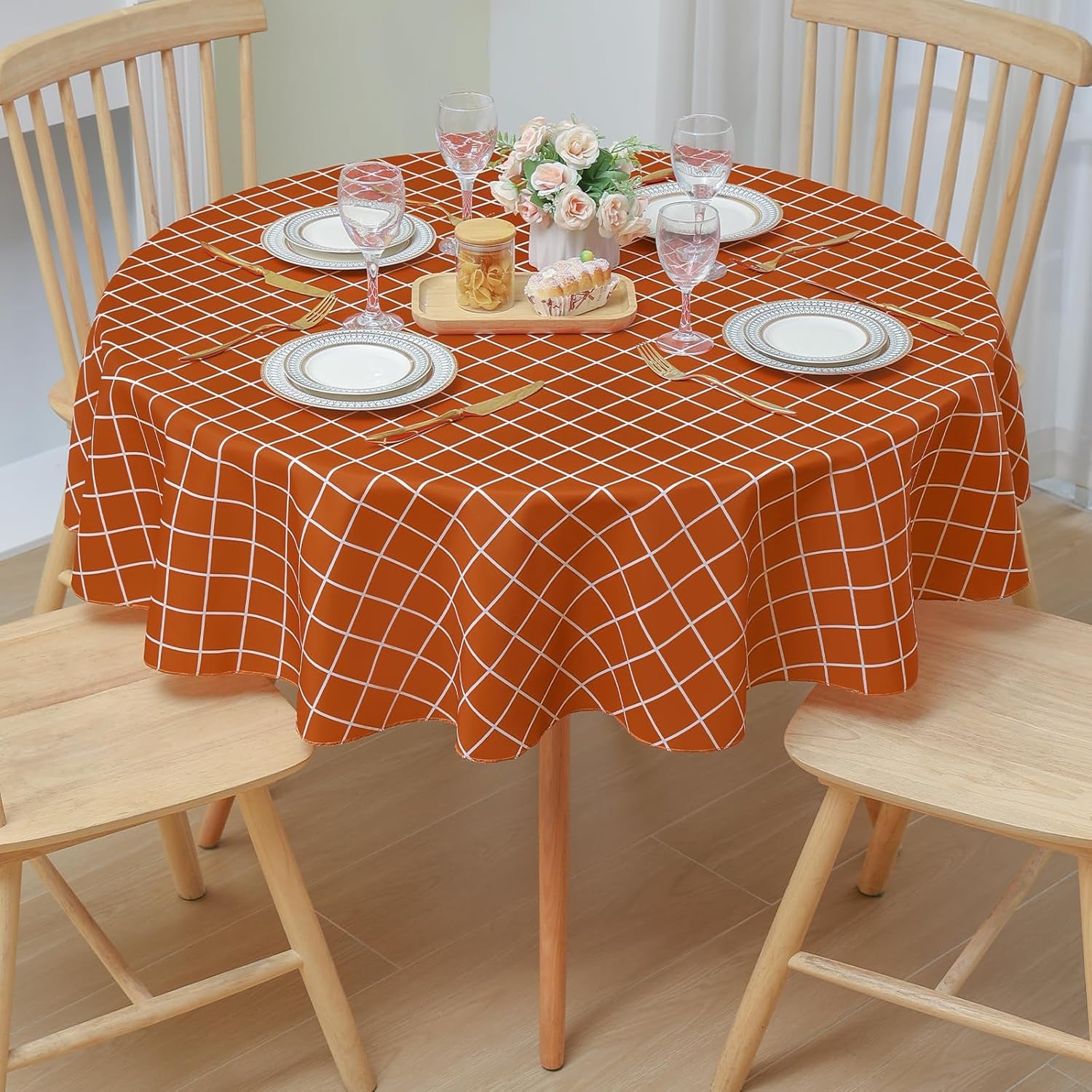 round Waterproof Fabric Table Cloth, Plaid Stain Resistant Polyester Tablecloth, Washable Cloth Table Cover for Fall Halloween Decor, Dining Room, Outdoor (60" Round, Rusty)