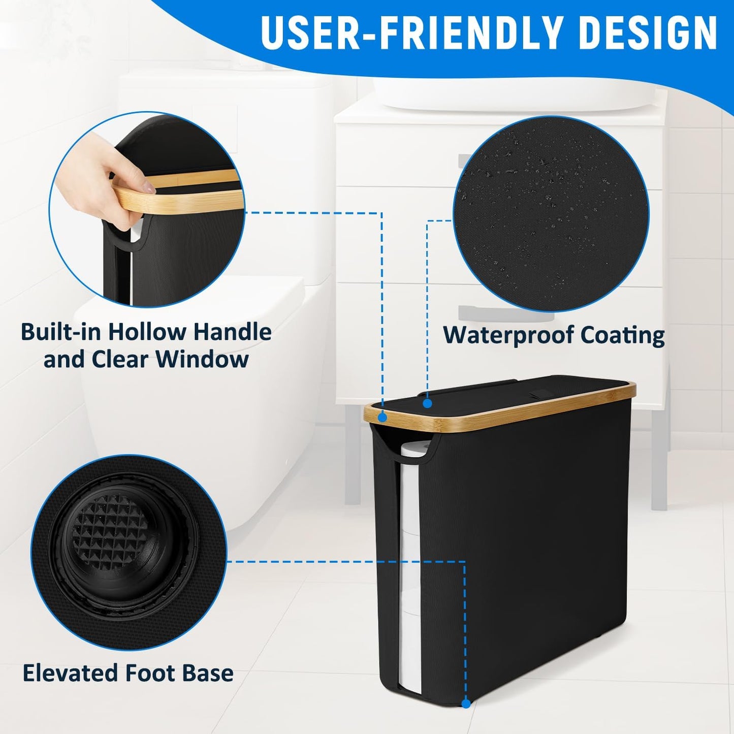 Toilet Paper Storage Basket, Toilet Paper Container with Lid, Bathroom Organizer Hold up to 9 Mega Rolls or 12 Regular Rolls, Black