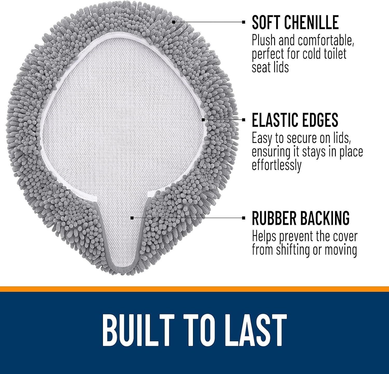 Soft Chenille Bathroom Toilet Lid Cover, Machine Washable Seat Covers, 17.5X15, Stays in Place Rubber Backing, Fits Most Round, Elongated and Oblong Lids, Accessories Decor, Gray