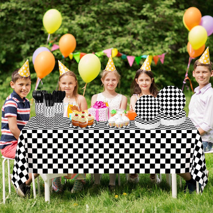 176 PCS Race Car Birthday Party Decorations Black and White Gingham Plates and Napkins, Cups Plastic Spoons Forks Knives, Cutlery for Cars Birthday Decorations, Serves 25