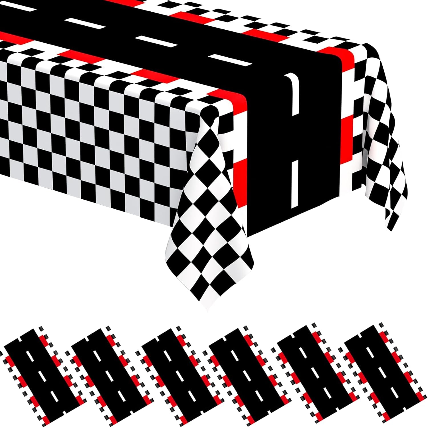 6 PCS Racing Car Theme Tablecloths Car Disposable Plastic Tablecloths Black Checkered Flag Table Covers Racetrack Rectangular Tablecloth for Race Car Birthday Party Decorations, 54 X 108 Inch
