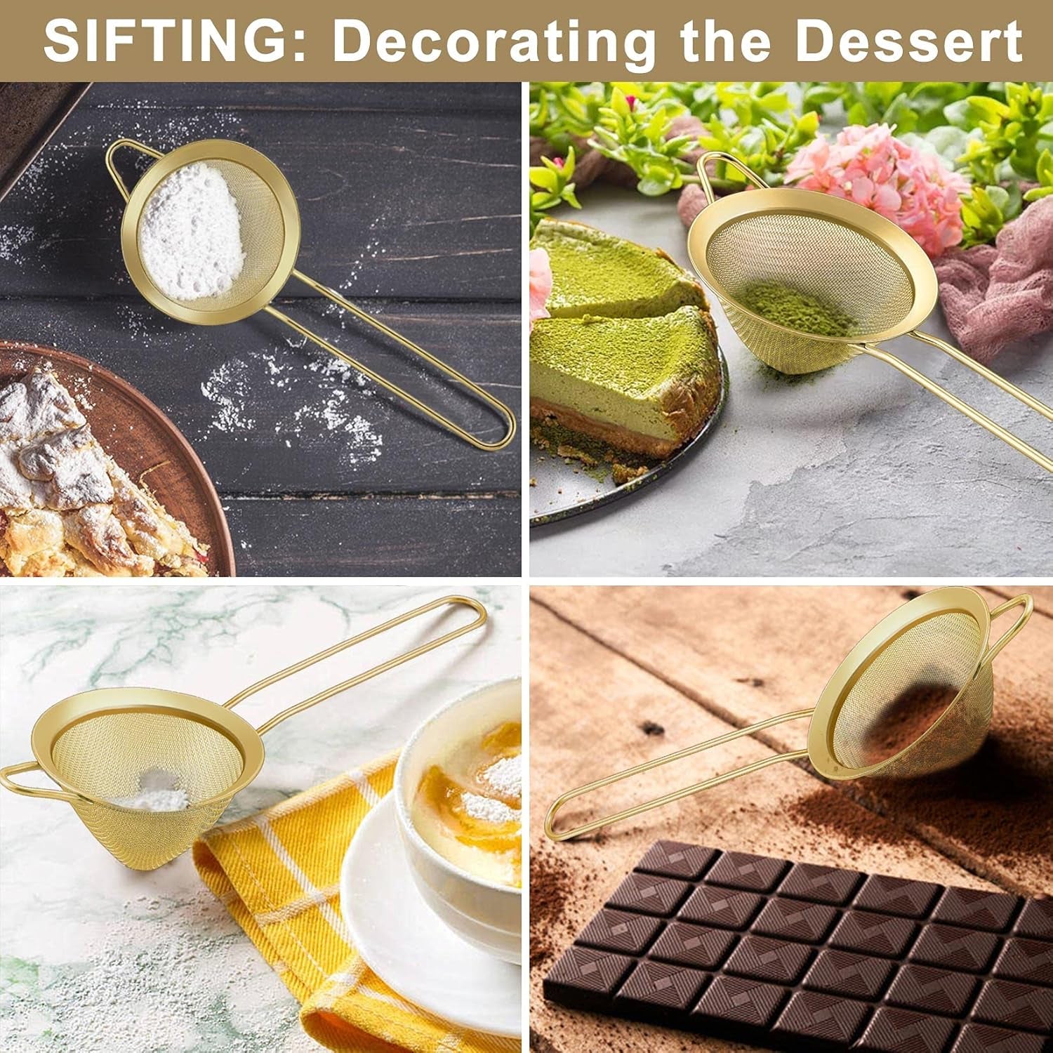 Conical Fine Mesh Strainer Set of 2, 3.3” Stainless Steel Tea Strainer Sieve with Long Handle for Kitchen & Bar, Filtering Tea, Coffee, Cocktail, Dishwasher Safe, (Gold)