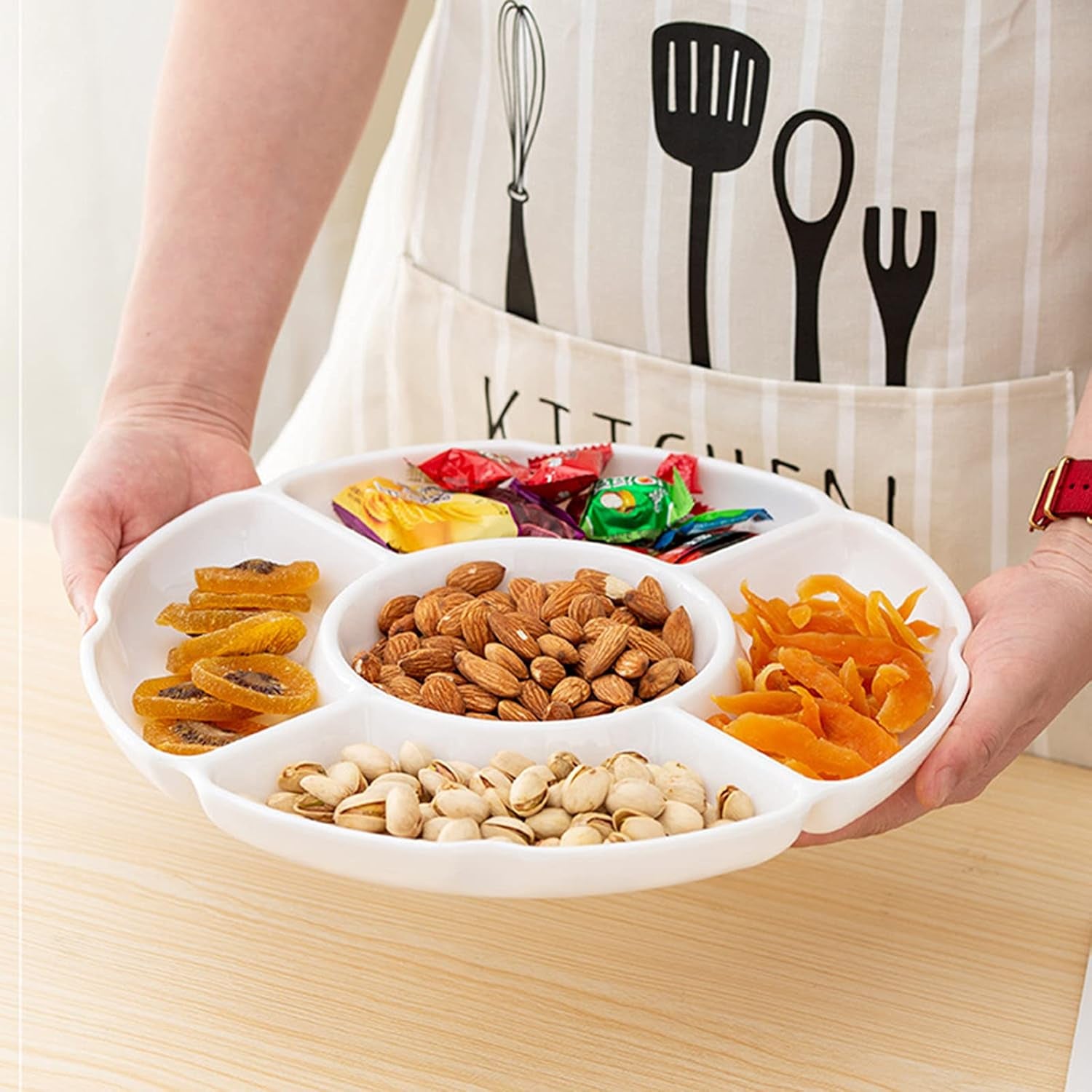 Set of 2Pcs 10 Inch Melamine Serving Tray with 5 Compartments, Divided Serving Platter for Appetizer, Snack, Veggie, Fruits (White)