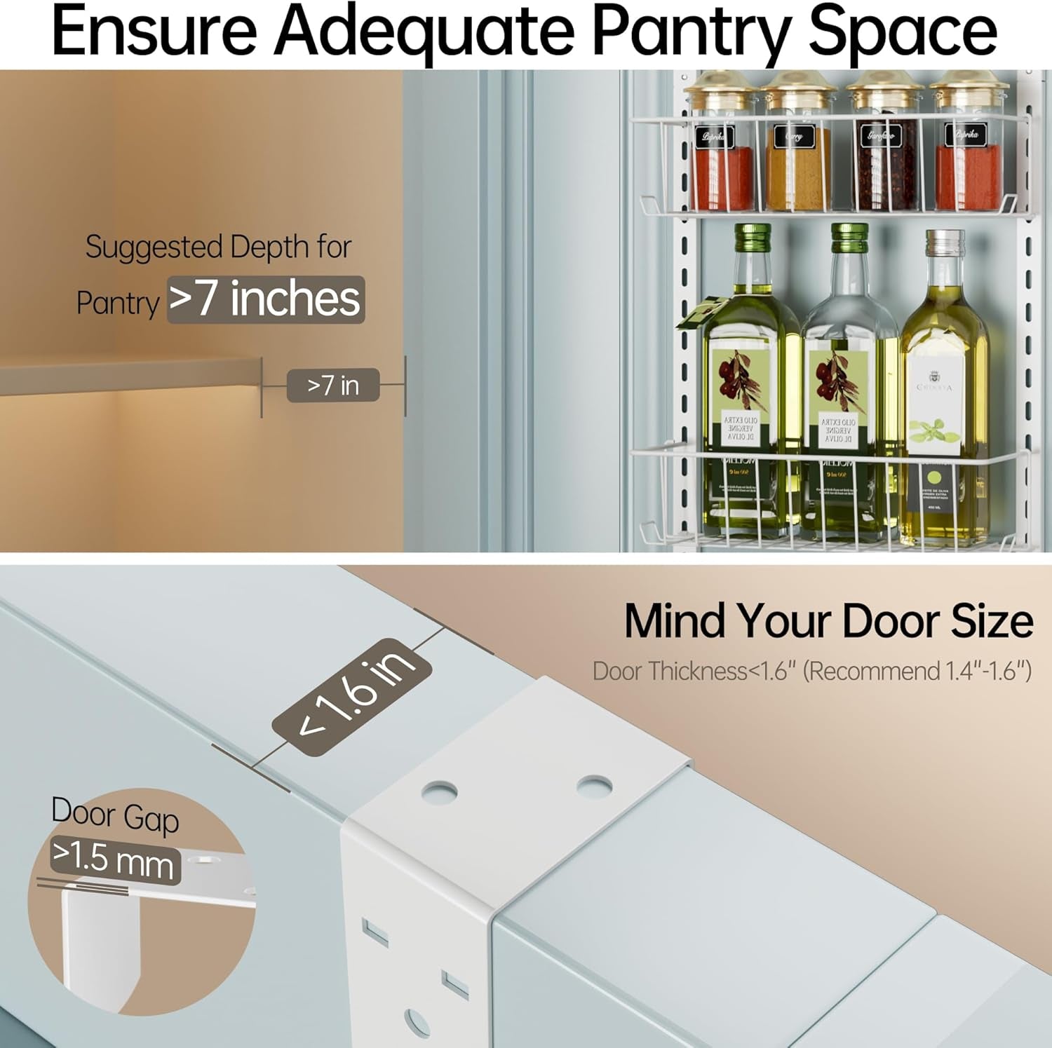 Pantry Door Organizer, Adjustable Metal over the Door Pantry Organizer Rack, 6-Tier over the Door Spice Rack, Kitchen Pantry Door Organizers and Storage, D5 W12 H52.1 Inch, White, Small