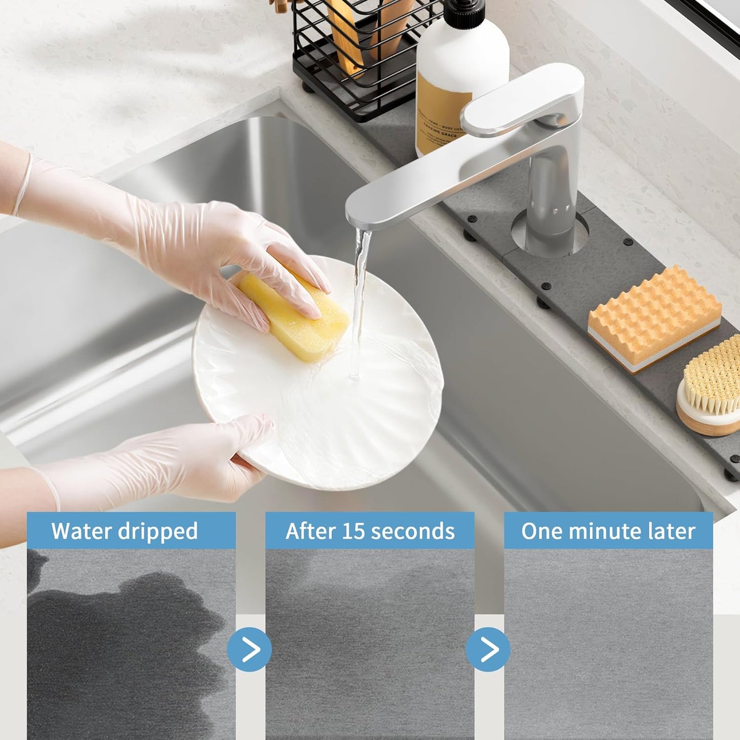 Kitchen Sink Faucet Mat with Brush Holder - 23.6 Inch Absorbent Splash Guard, Diatomite Stone Fast-Drying Mat for Bathroom Counters