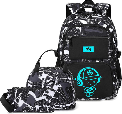 School Backpack for Boys Kids Teens 15″ Laptop Bookbag with Lunch Bag Pencil Case Elementary Middle School Daypack