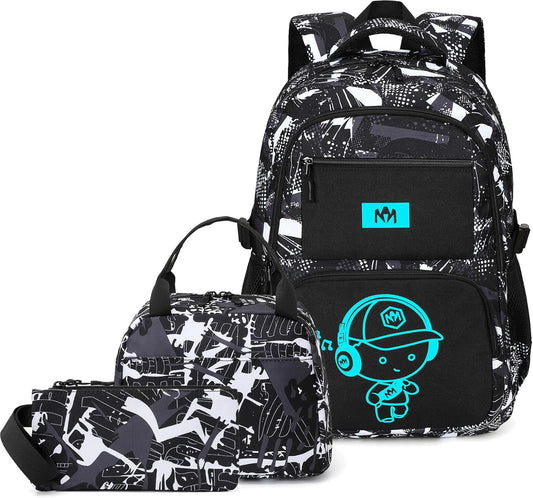 School Backpack for Boys Kids Teens 15″ Laptop Bookbag with Lunch Bag Pencil Case Elementary Middle School Daypack