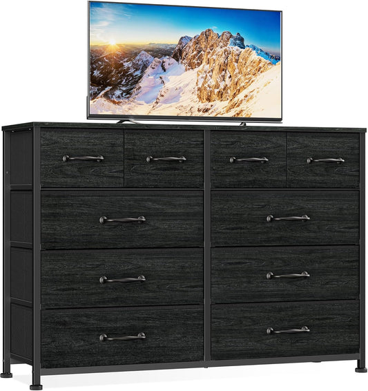 Black Oak Bedroom Dresser and TV Stand Entertainment Center with 10 Fabric Storage Drawers and Sturdy Metal Frame for Living Room and Entryway