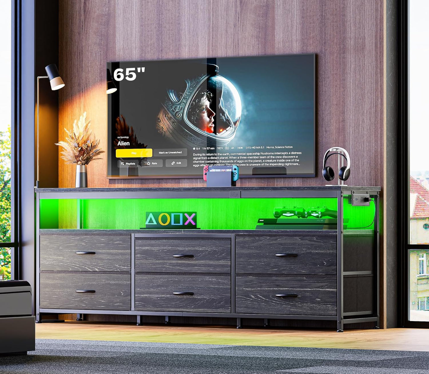 63-Inch Charcoal Black LED TV Stand for 55 to 70 Inch TVs, Multi-Functional Dresser with Power Outlets and Storage for Bedroom and Living Room