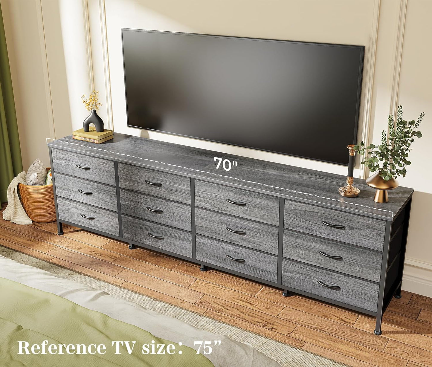 70-Inch Grey Dresser and TV Stand for 65 to 80 Inch TVs with 12 Fabric Drawers, Large Storage Organizer for Bedroom and Living Room