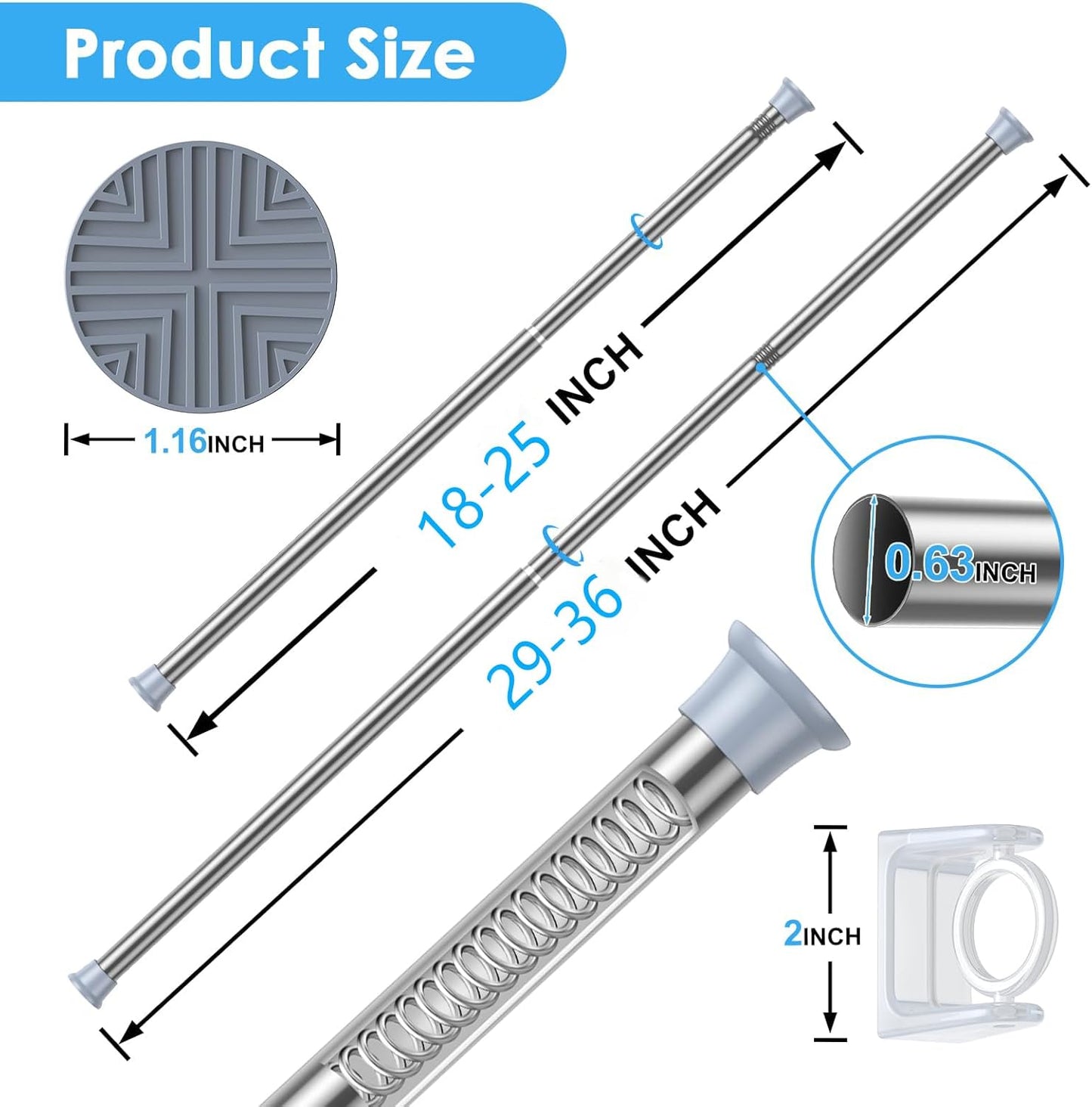 1PCS Silver Tension Curtain Rod 18-36 Inch Adjustable Curtain Rod No Drilling Tension Rods Small Tension Rod Spring Tension Curtain Rods, for Windows, Door and Closet. (With One Set Rod Holders)
