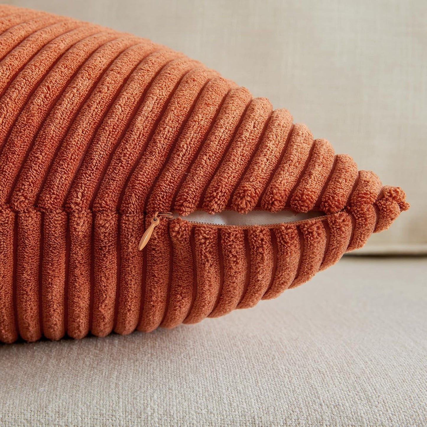 Set of 2 Burnt Orange Boho Decorative Throw Pillow Covers 16X16 Inch with Diagonally Pattern for Living Room Couch Bed Sofa, Soft Textured Corduroy Aesthetic Farmhouse Home Decor 40X40 Cm