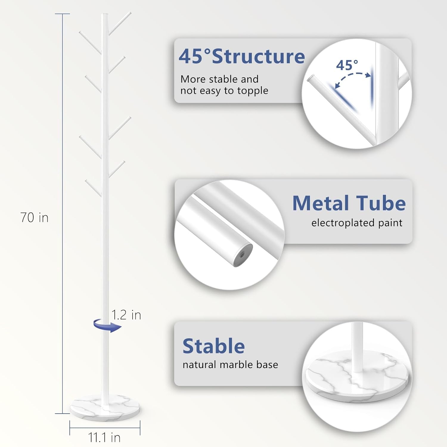 Heavy Duty Coat Rack with Natural Marble Base, Freestanding Metal Coat Stand with 8 Hooks, Modern Stable Coat Hanger Tree for Bags, Jacket, Clothes, and Hats, White Metal