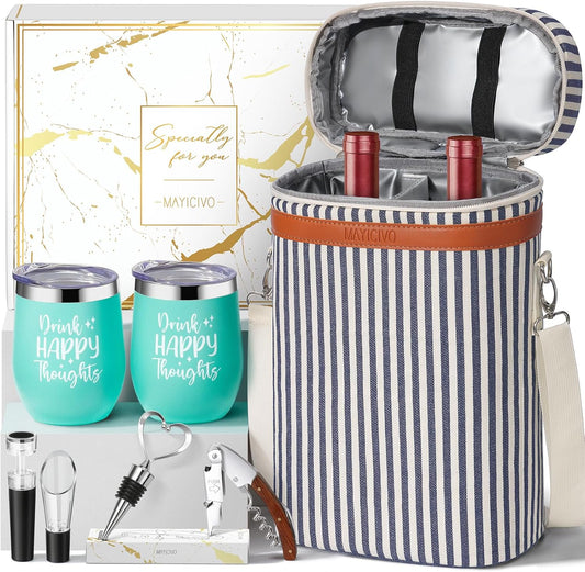 Birthday Gifts for Women Men - Wine Gifts Baskets Mothers Day Gifts for Mom, Women, Friend, Wine Lovers, Self Care Package, Insulated Wine Tote Bag Wine Carrier with Tumblers & Wine Accessories Set