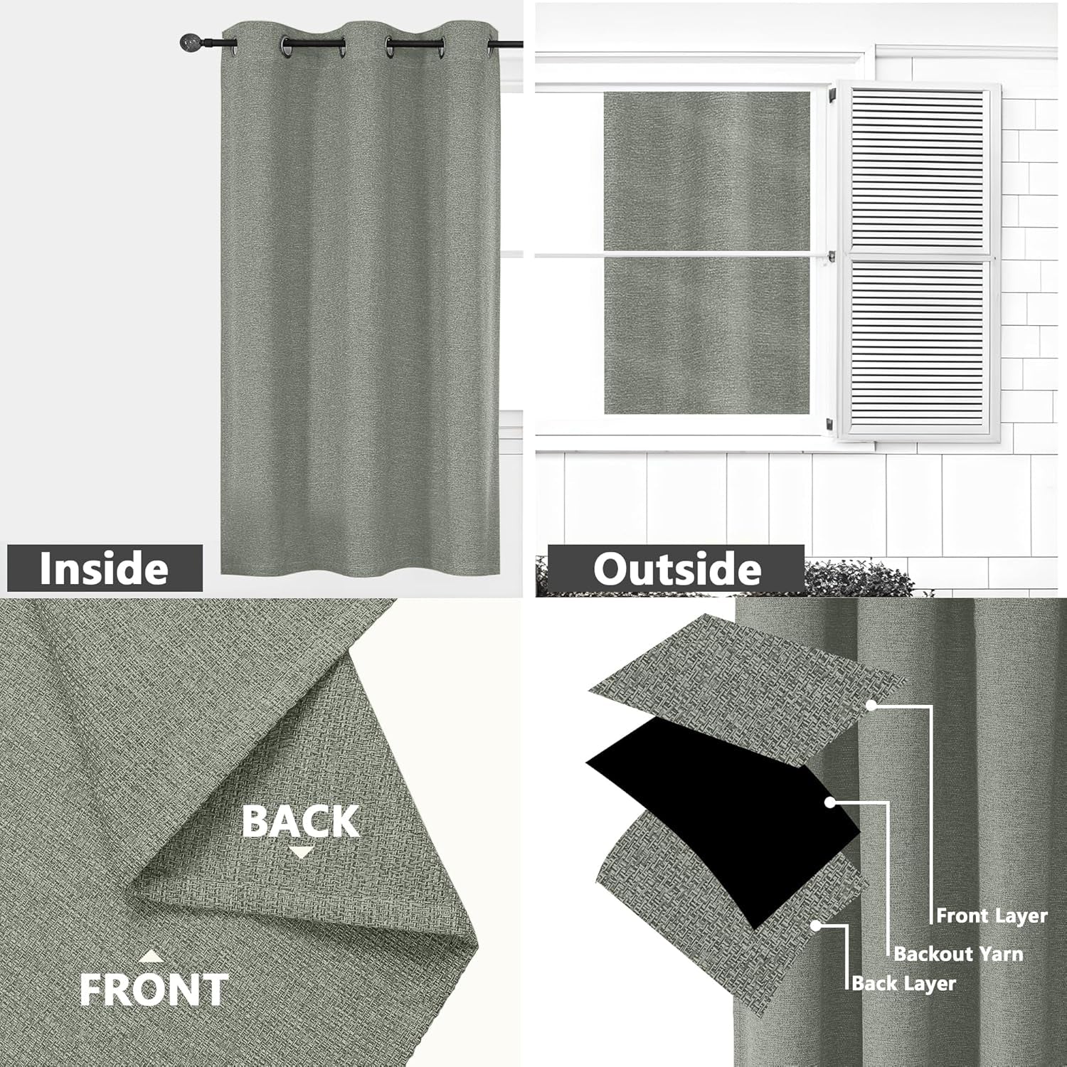 Linen Textured 100% Sage Green Blackout Curtains 63 Inch Length 2 Panels for Bedroom, Thermal Insulated Soundproof Grommet Curtains Blackout, Farmhouse Window Privacy Drapes, 40"W X 63"L
