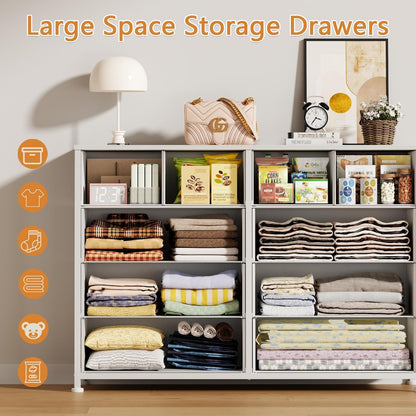 White Bedroom Dresser for 55” TV Stand - Entertainment Center with 10 Fabric Storage Drawers, Sturdy Metal Frame Tall Storage Cabinet for Living Room and Entryway