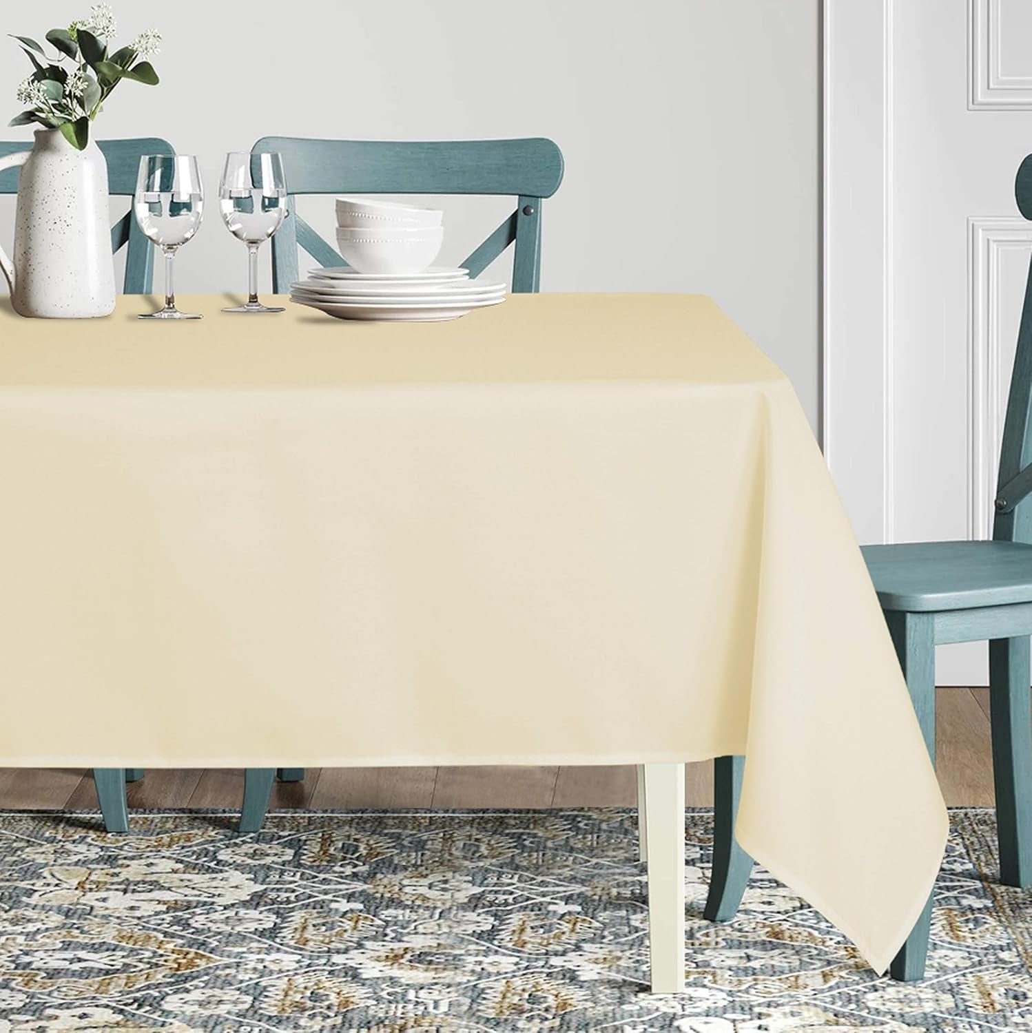Rectangle Tablecloth - 60 X 84 Inch - Stain and Wrinkle Resistant Washable Polyester Table Cloth, Decorative Fabric Table Cover for Dining Tables, Buffet Parties and Camping, Beige