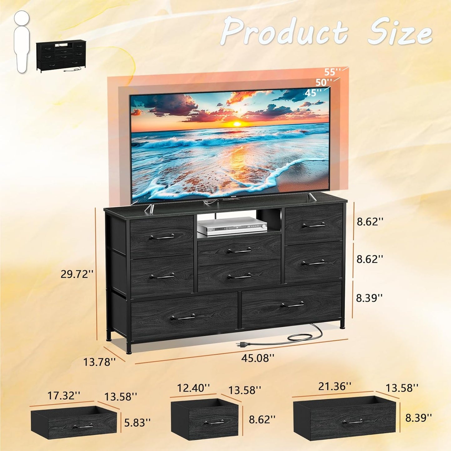 Dresser TV Stand with Power Outlet for 55-Inch TVs, Entertainment Center Featuring 8 Deep Drawers, Ideal Storage Solution for Bedroom, Closet, Living Room, and Hallway (Black Oak)