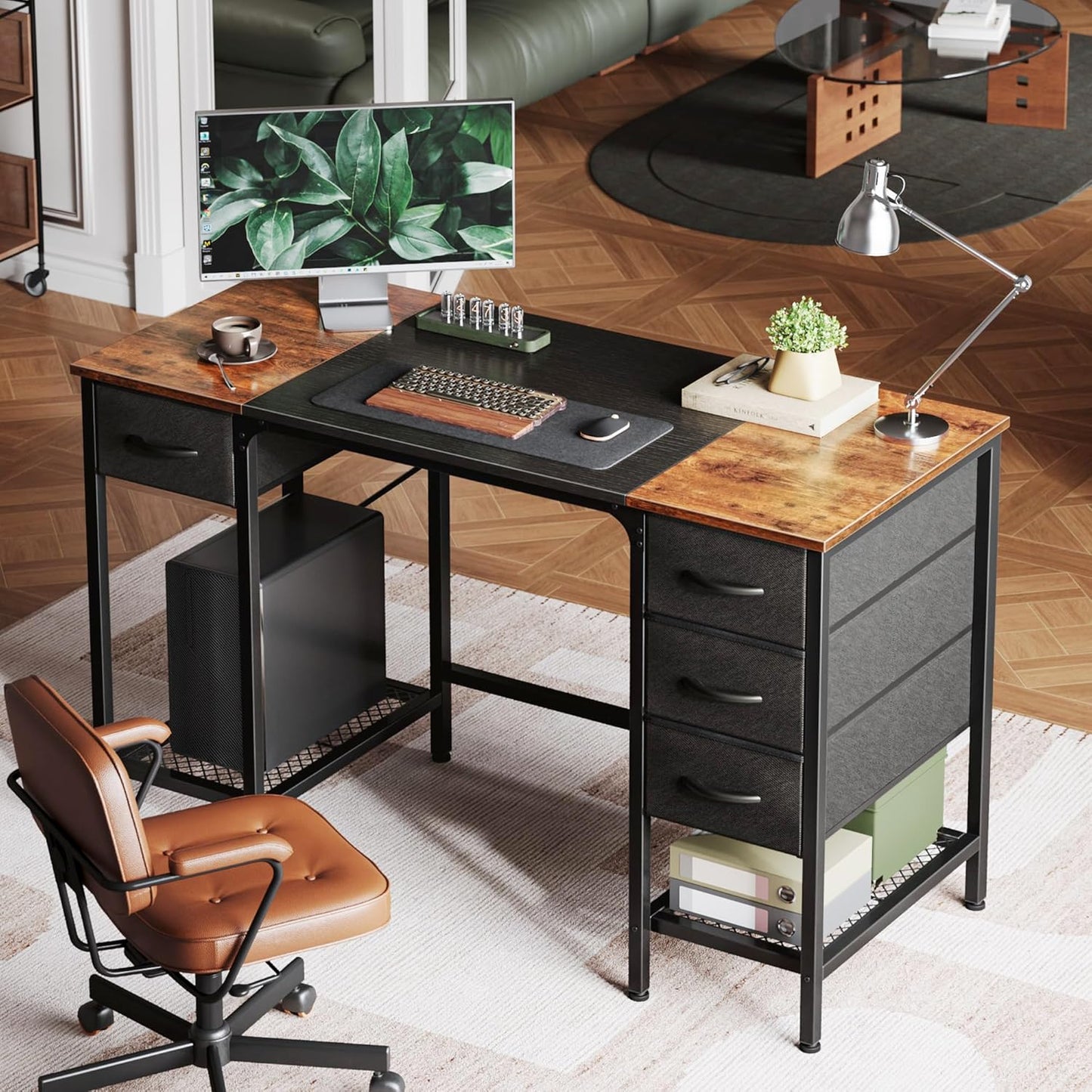 47-Inch Computer Desk with Four Drawers and Mesh Shelf, Versatile Office and Gaming Desk with Ample Storage for Home Office, Study, and Bedroom, Rustic Brown and Black Finish